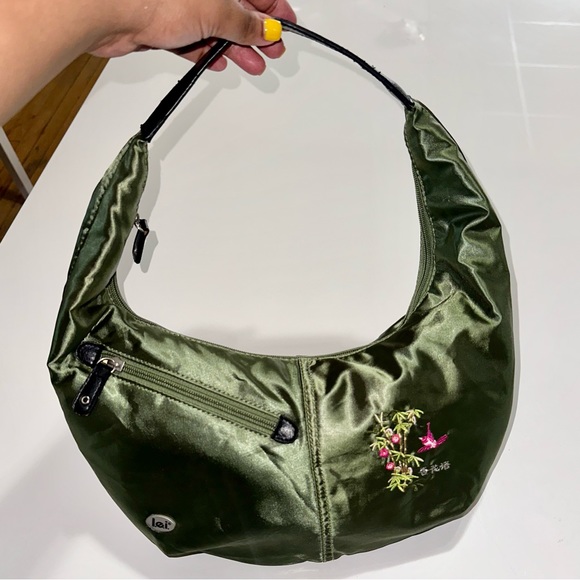 lei Handbags - Vintage Y2K lei shiny Military purse embroidered colorful flowers & pretty bird
